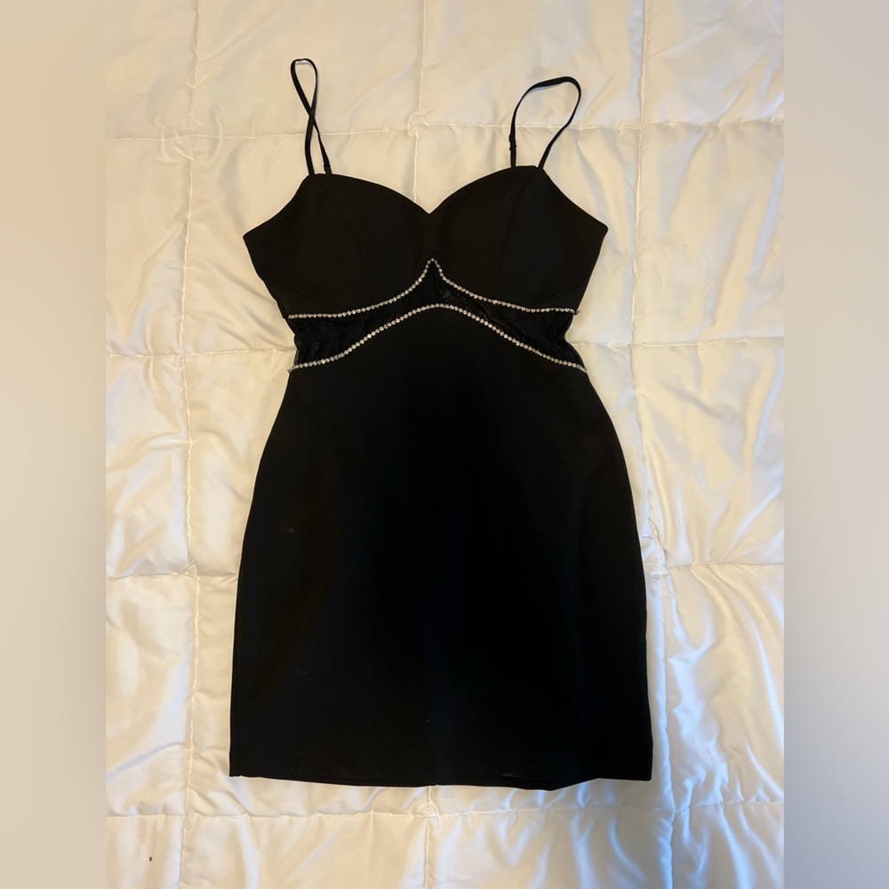 Black Cocktail Bodycon Dress with Rhinestone Trim and Mesh Detail